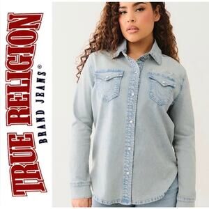 NWT True Religion Light Bliss Wash Logo Georgia Long Sleeve Denim Shirt XS